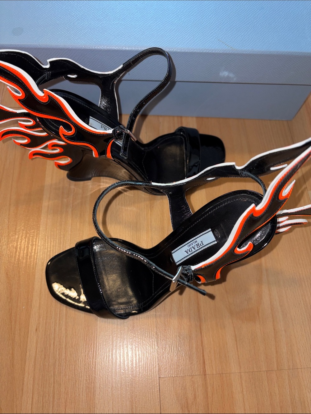 Prada Black Patent Leather Sandals with Red and White Flame Accents - Picture 4 of 10